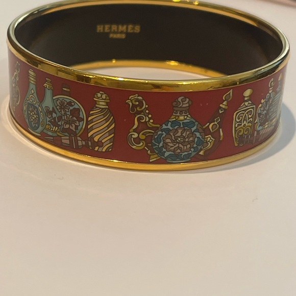 Hermes authentic Cloisonne Perfume Bottle Pattern Bangle Bracelet with Box red - Picture 2 of 13